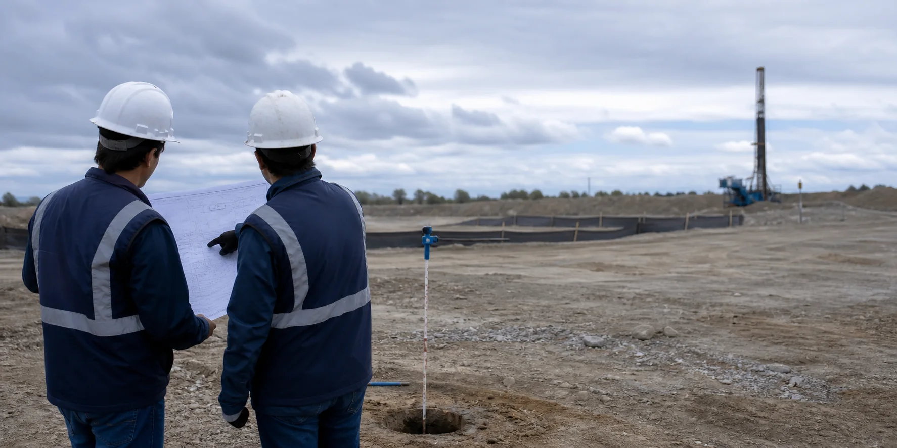 Dos personas revisan un plano junto a una perforación de campo
